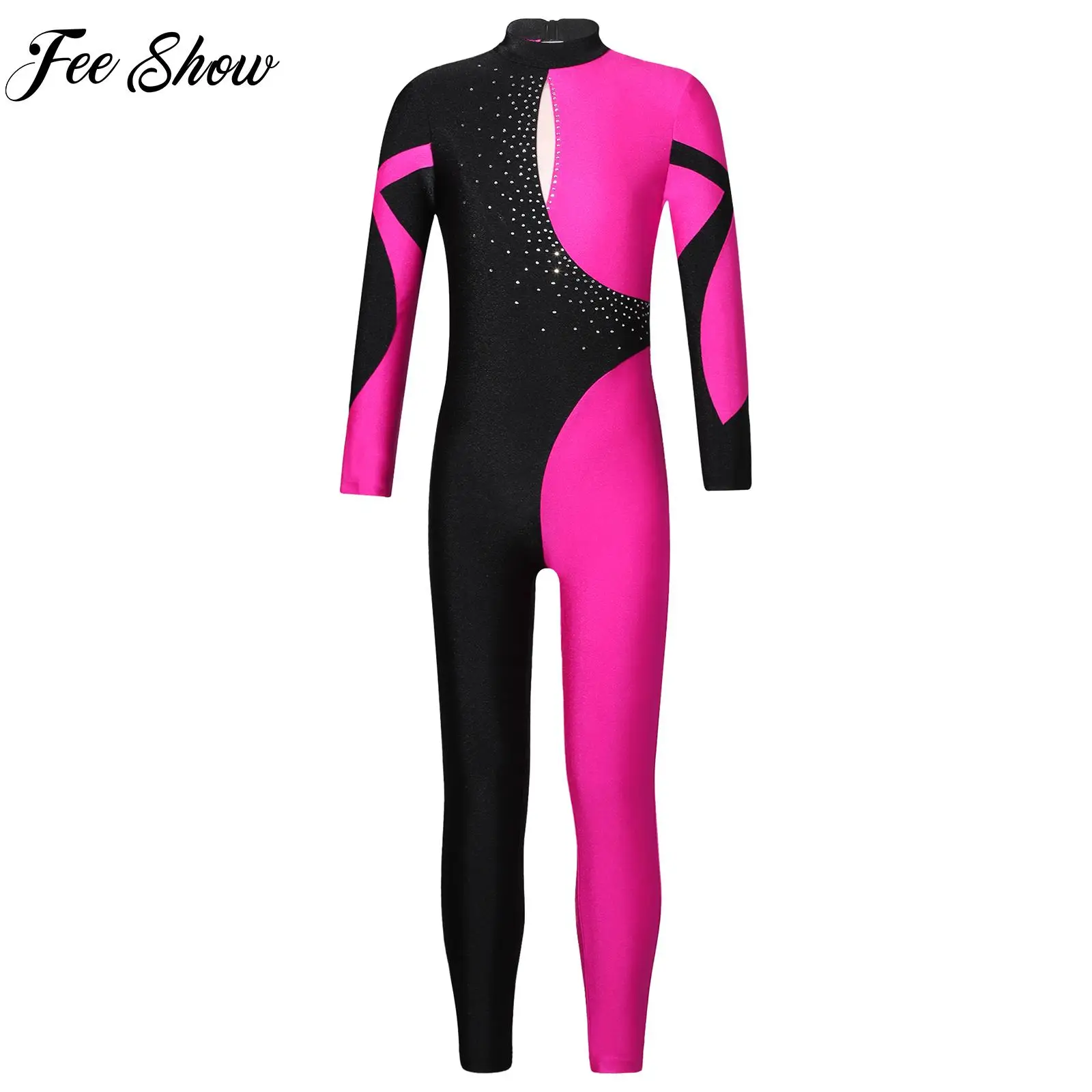 

Kids Girls Stylish Clothing Long Sleeve Shiny Rhinestone Contrast Color Hollow Back Ice-skating Gymnastics Dance Jumpsuit