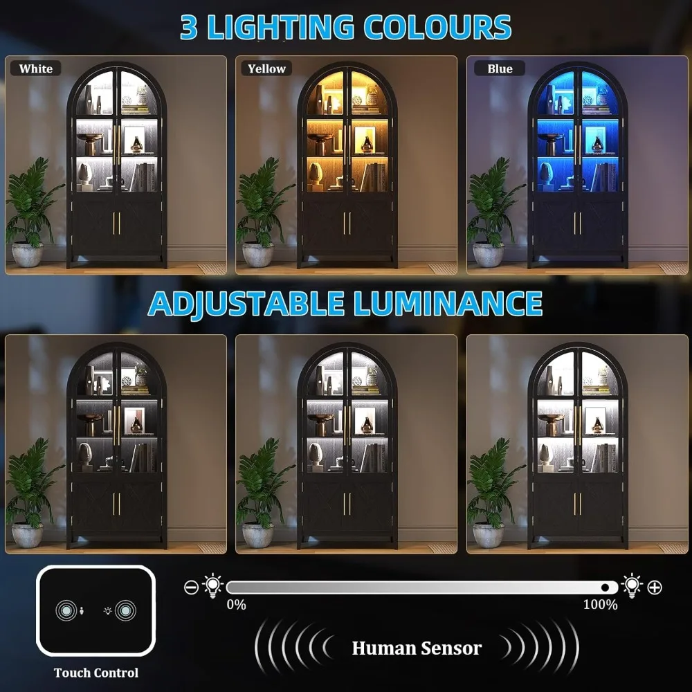 خزانة تخزين مقوسة بقدرة 75 بوصة مع أبواب زجاجية، وخزانة عرض حديثة مع 3 ألوان خفيفة، وحقيبة عرض زجاجية مع جسم الإنسان