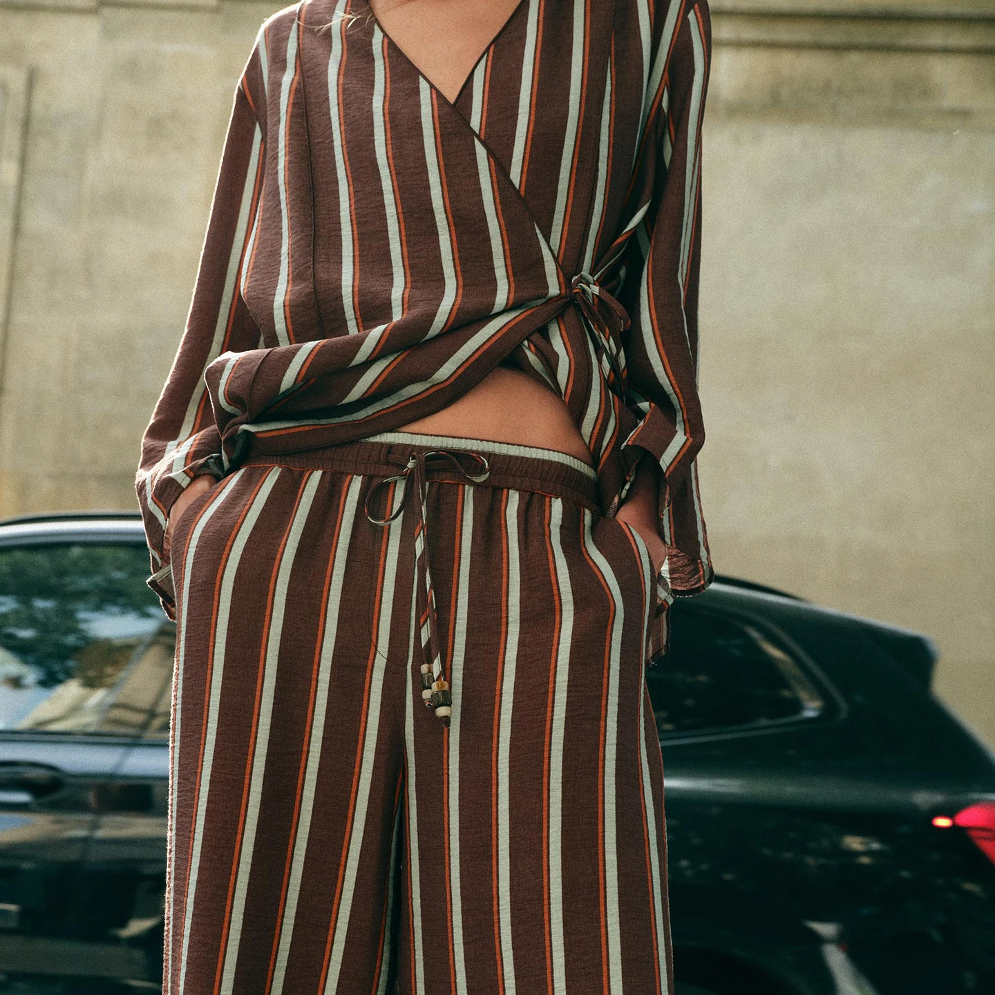 Women's Long Sleeve Beaded  Knot Double Breasted Jacket High Waist Belted Wide Leg Pants Fashion Set High Waist V Neck