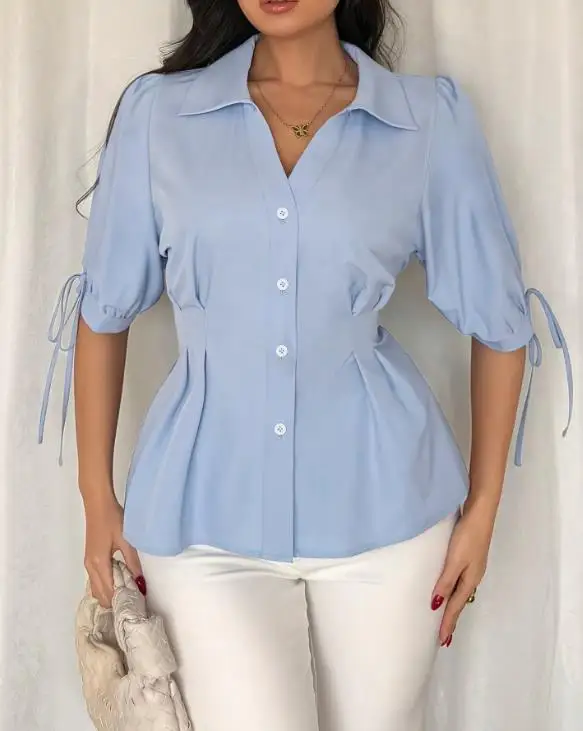 

Spring and Summer Waist Cinched Short Sleeved Pleated Slim Fit Shirt for Women