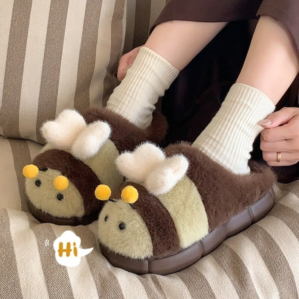 لطيف ثلاثية الأبعاد ليتل النحل الكرتون النحل نعال قماش رقيق سميكة سوليد الدافئة نِعال من الفراء طالب مكافحة زلة Y2K النحل النعال النساء #3