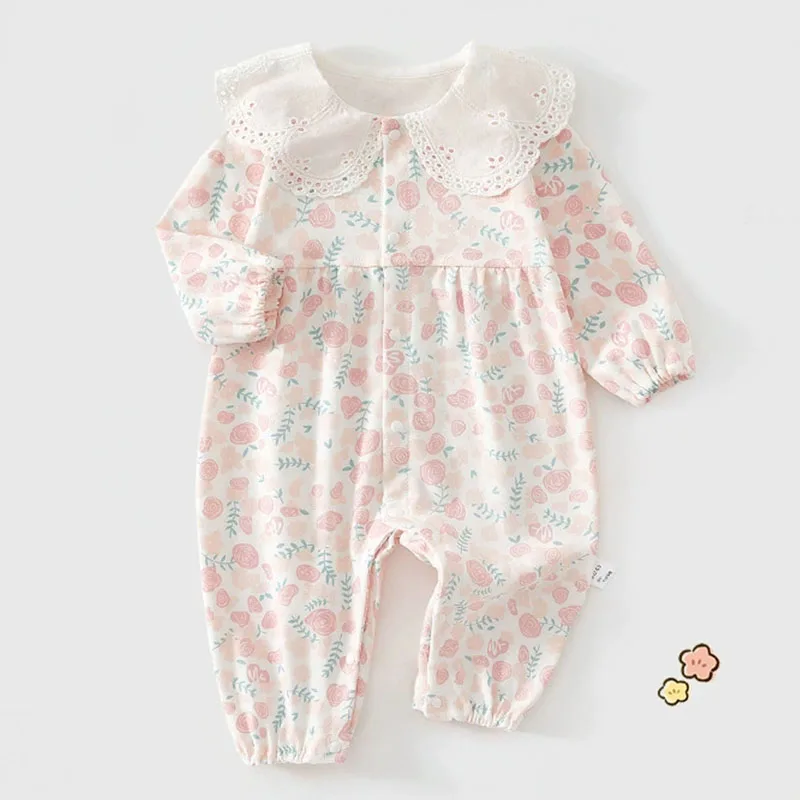 Spring Autumn Girl Clothes Korean Cute Peter Pan Collar Pink Flowers Long Sleeve Cotton Romper Baby Costumes Newborn Items B547