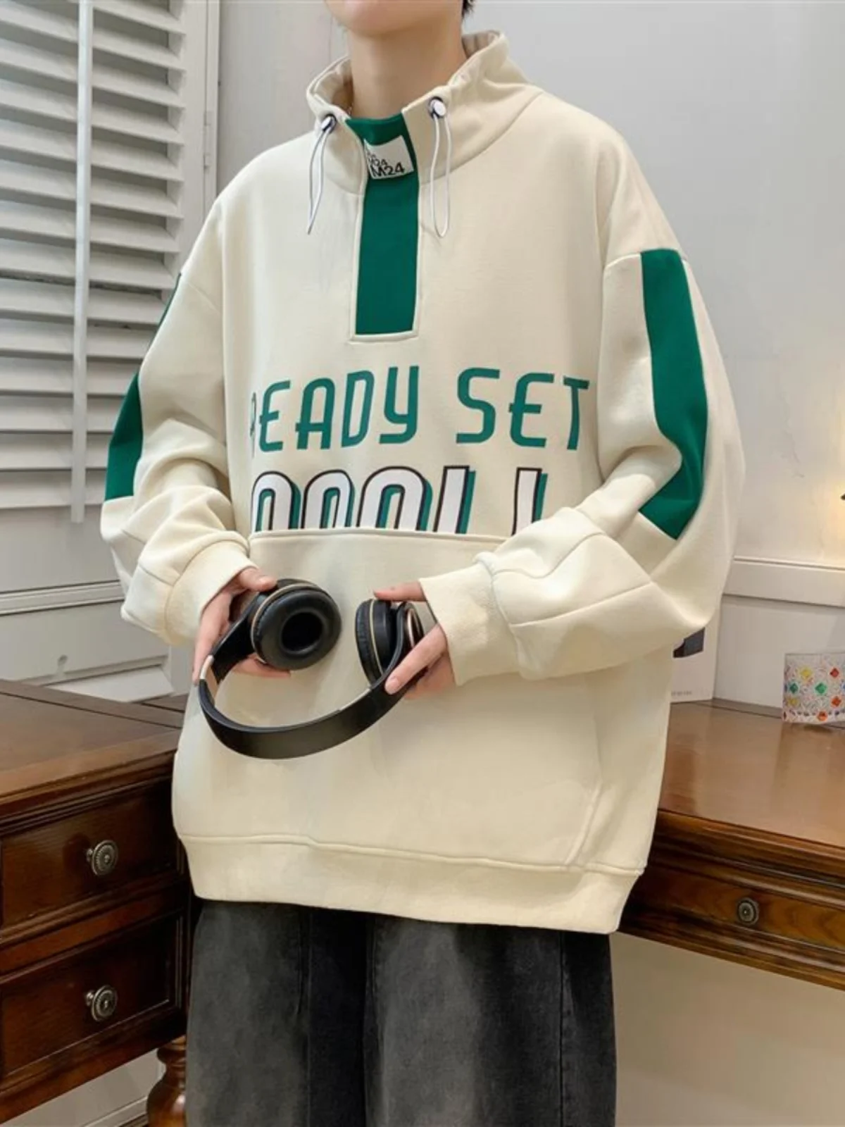 

Мужская толстовка оверсайз с высоким воротником, весенне-осенняя, в гонконгском стиле, повседневная, свободного кроя, для подростков и студентов