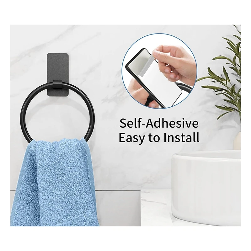 Adhesive Towel Ring, Adhesive Hand Towel Holder, Self Adhesive Round Hand Towel Rings for Bathroom, Black, 2 Pack Retail