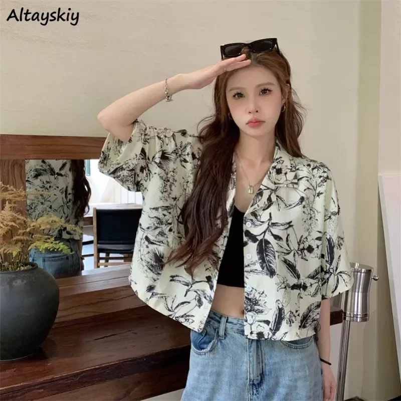 

Print Shirts Women Summer Turn Down Collar Short-sleeve All-match Simple Korean Style Popular Daily Loose Streetwear Cool Girls