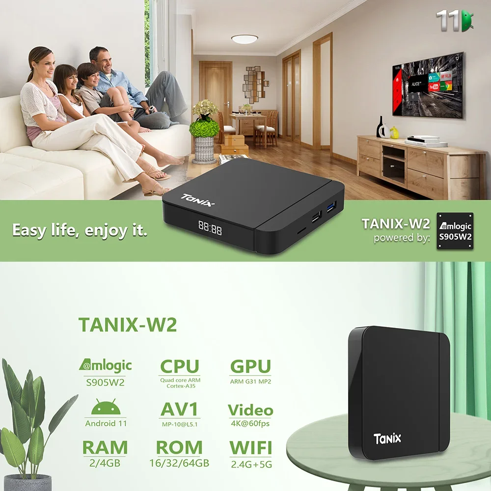 Tanix W2 Smart TV Box Android 11 Amlogic S905W2 with 2GB 16GB Support H.265 AV1 Dual Wifi HDR 10+ Media Player Set Top Box