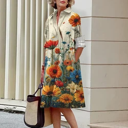 Fashion Women's New Shirt Long Dress Exquisite Oil Color Flower Print Dress Spring And Autumn Lapel Single-breasted Long Dress