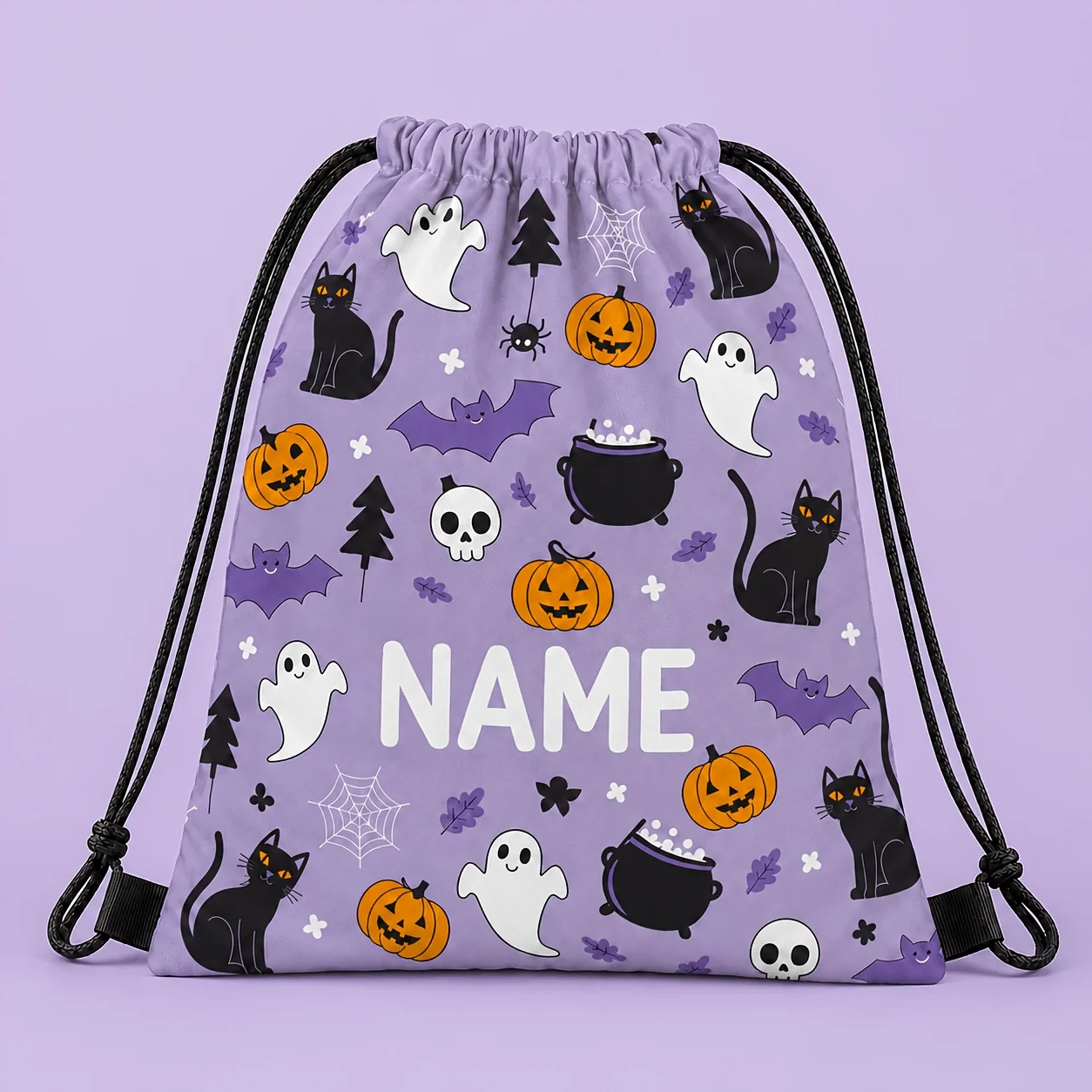 Custom Name Halloween Drawstring Backpack Pumpkin Ghost Large Lightweight Candy Storage Bag Unisex Kids Party Holiday Gift Bag