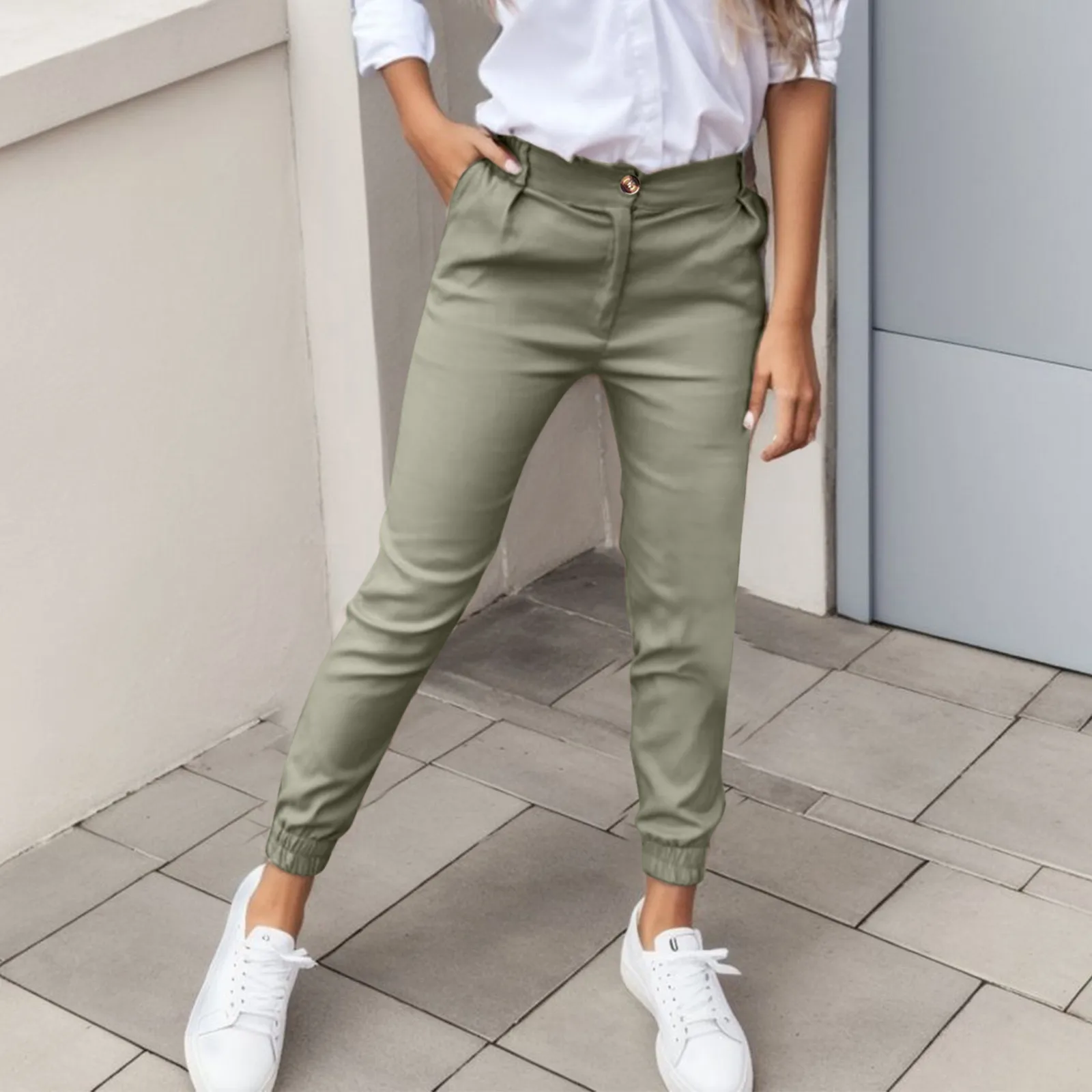 Lente Zomer Dames Mode Knoop Potlood Broek Elegante Slim Fit Effen Broek Office Lady Pocket Casual Broek