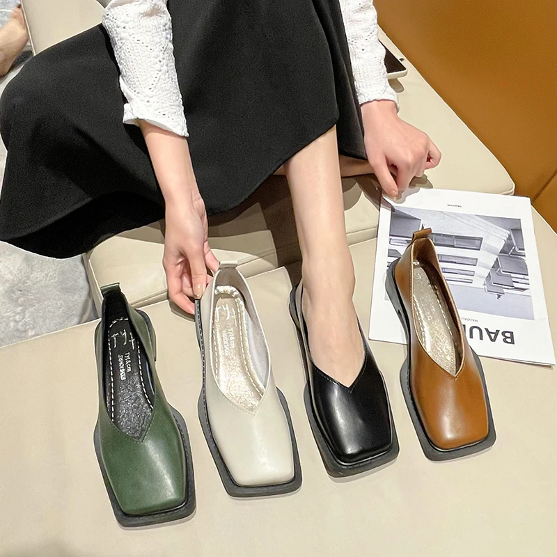 2024 Flat Shoes Women Square Toe Single Shoes Simple Temperament Leather Shoes Spring Autumn 4 Colors