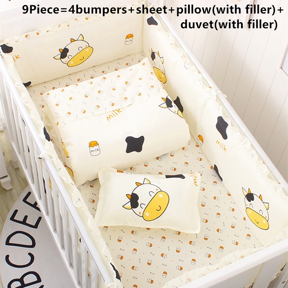 

6/9Pcs Baby Nursery Cotton Baby Cot Bedding Kit Berco Newborn Cartoon Crib Bedding Detachable bed comforter set