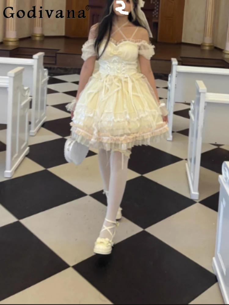 

S-2XL Sweet Lace-up Lolita Lace Ruffles Princess Dress Summer Short Sleeve Square Collar Cute Birthday Party High Waist Dresses