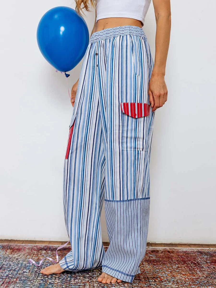 Women Striped Pants, Elastic Waist Casual Pants Loose Trousers Streetwear with Pockets