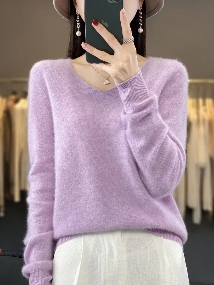 Women's Sweater 2023 Autumn Winter 100% Wool Knitted Pullovers V-neck Slim Fit Bottoming Shirt Solid Soft Jumpers Basic Sweaters