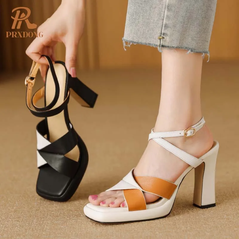 Women\'s Shoes 2024 New Elegant Genuine Leather Summer High Heels Platform Ankle Strap Dress Party Wedding Lady Sandals Size 39