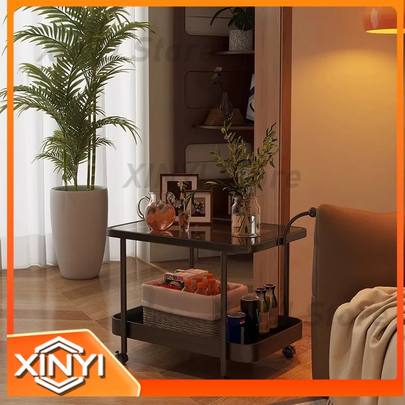 Glass Side Table on Wheels for Sofa Bed Corner Minimalist Rolling Cart Small Table Bedroom Nightstand Organizer