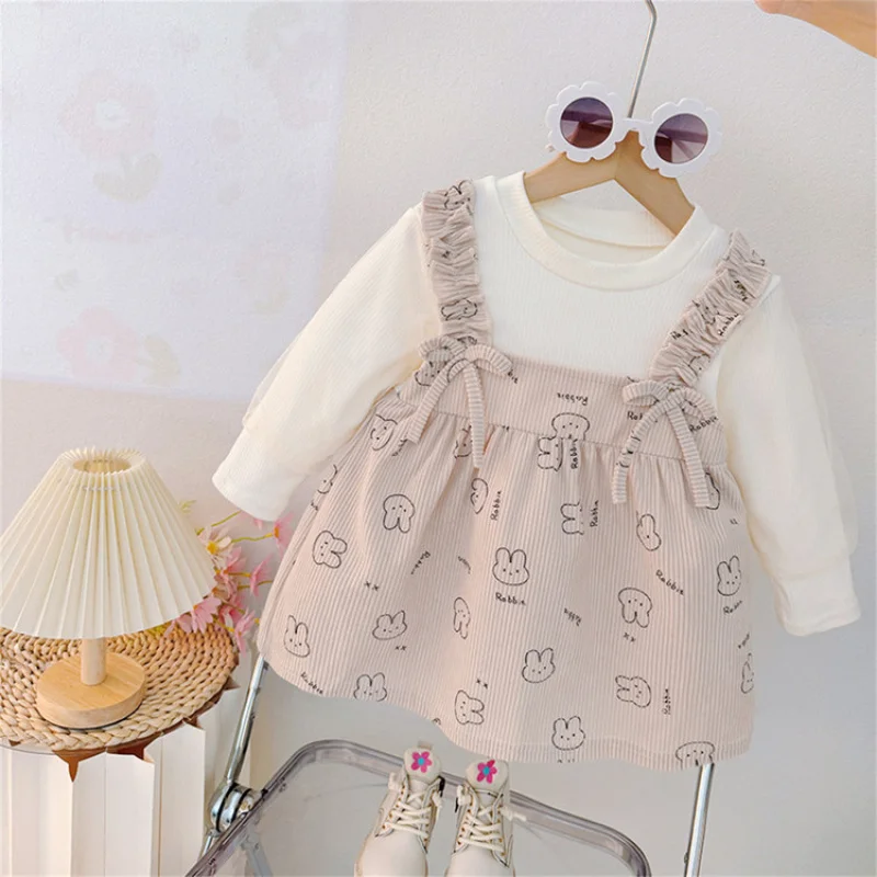 

Autumn and Winter New Baby Girl Children Fake Two-piece Long-sleeved Dress Girls Cartoon Printed Princess Dress