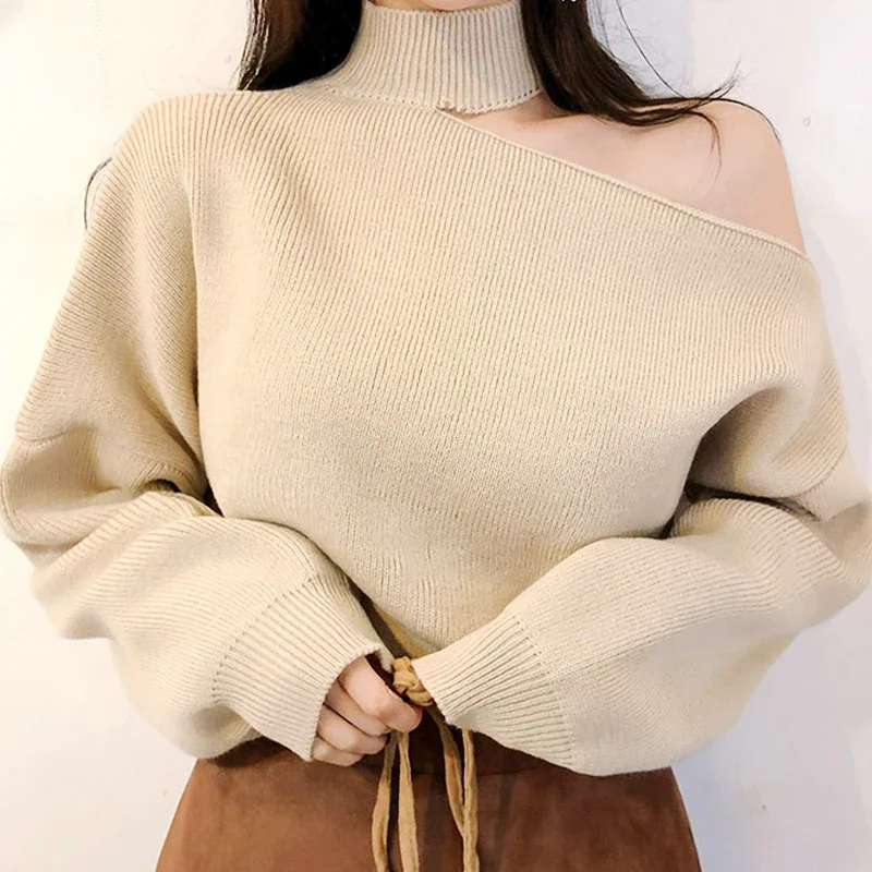 Winter Autumn Loose Irregular Casual Elegant Hollow Out Turtleneck Sweaters Tops Halter Bare Shoulders Knitted Pullover Black