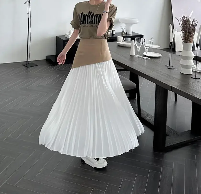 DSMTRC Solid Bodycon Elegant Long Skirt For Woman Summer Patchwork Color High Waist Fashion Ankle-length Dresses Female Black