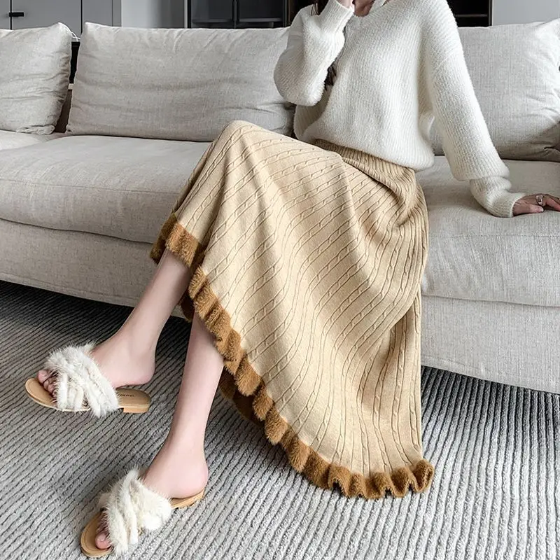 

Knit Jacquard Maxi Skirt Women Autumn Winter High-Waist A-Line Cable-Knit Pleated Skirts Midi Skirt Vintage Y2k Harajuku Skirts