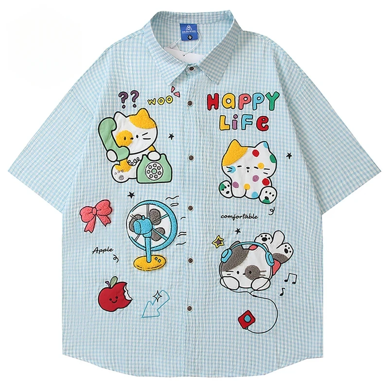Cat Graphic Embroidery Men shirts Summer Casual Loose Short Sleeve Button Up Blouse Harajuku Oversized