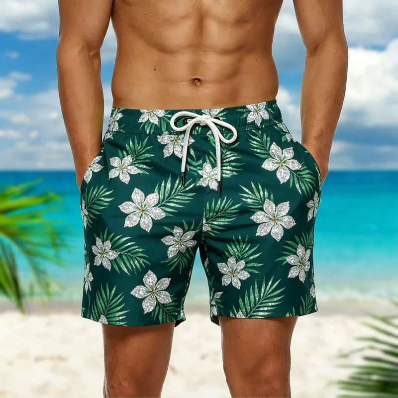 

Men's Glitter Tropical Print Casual Shorts ，for Coastal Trips, Summer Evenings, Casual Errands & Refreshing Looks