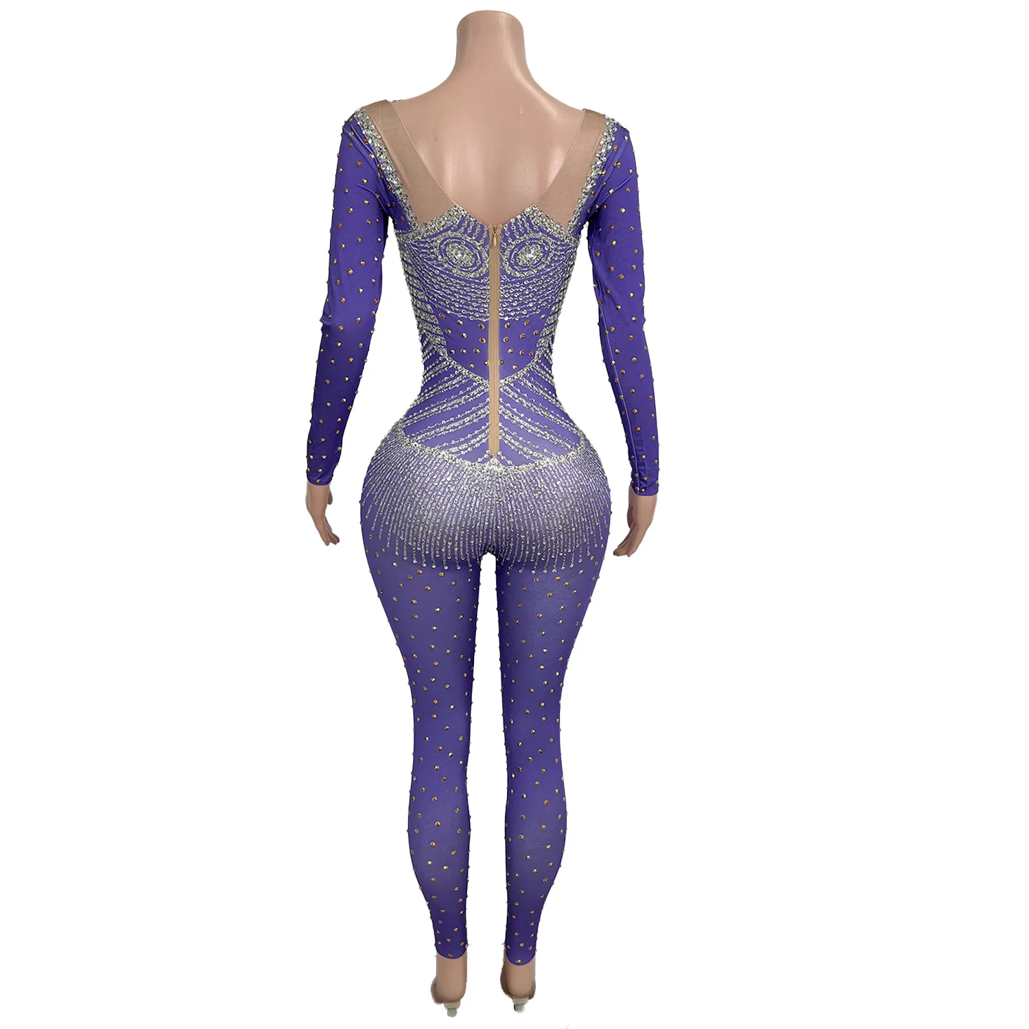Shining Silver Rhinestone Jumpsuit Skin Tone Patchwork Mesh Hollow Top Halloween Christmas Theme Dance Party Dress zijin