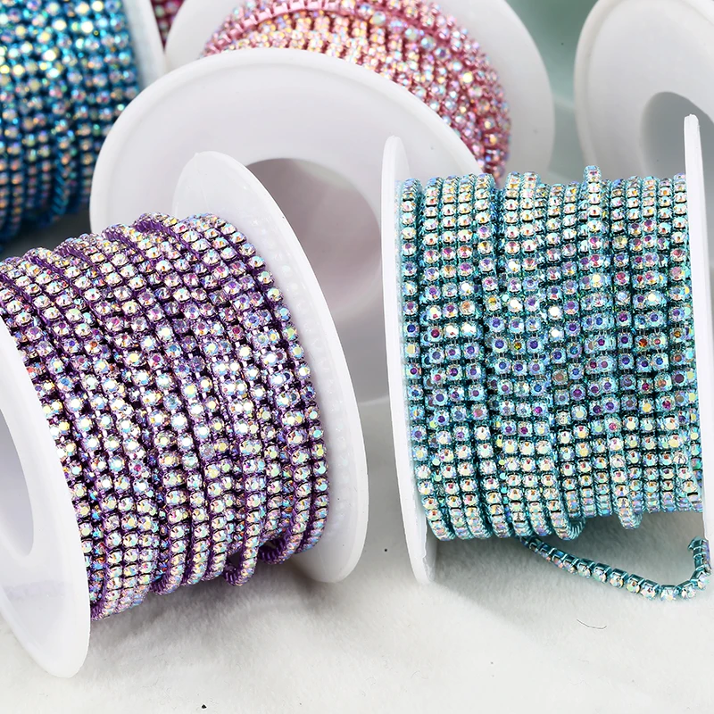 RESEN New! 2mm Crystal AB Rhinestone Cup Chain Colorful Bottom Glass Sew On Crystal Cup Chain Apparel Rhinestone Trim DIY Dress