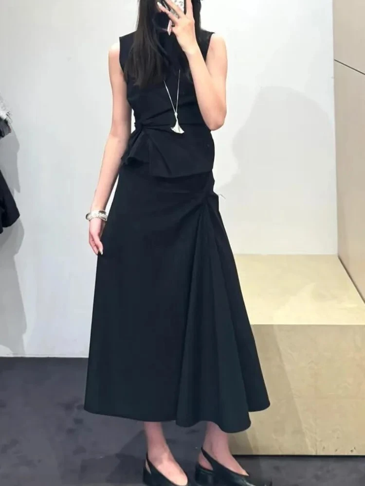 

Модный тонкий комплект из двух предметов, женский жилет без рукавов с круглым вырезом + юбка с эластичной резинкой на талии, новинка лета 2023 г.