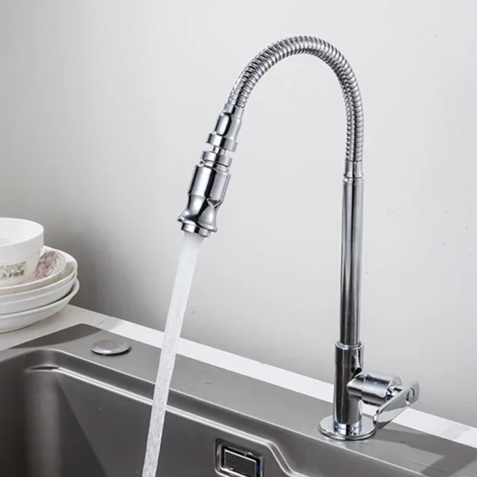 

Chrome Kitchen Tap Household Kitchen Sink Faucets Deck Mounted Flexible Rotation Single Cold Tap Splash Proof Faucets
