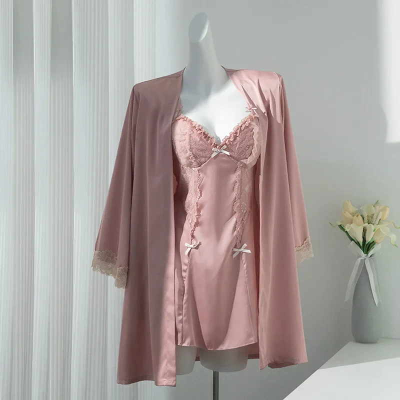 

Sexy Sleepwear Summer Kimono Robe Gown Women Twinset Bathrobe Set With Strap Nightgown V-Neck Home Clothes Intimate Lingerie