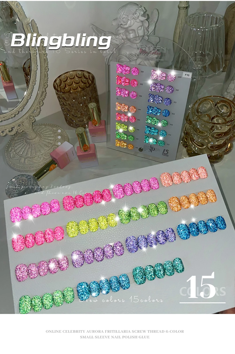 Vendeeni 15 Farben/Set Glitzer-Broken-Diamond-Gel-Nagellack, semi-permanenter UV-LED-Soak-Off-Gel-Lack mit Display – Detail 4