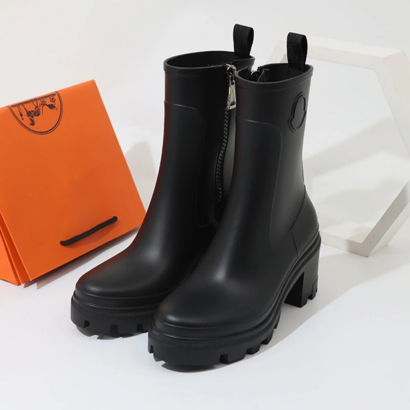 Rain Boots Shoes for Women 7.5cm Elevator Anti Slip High Tube Boots Red Women Street Fashion Increased Zipper Design Water Shoes