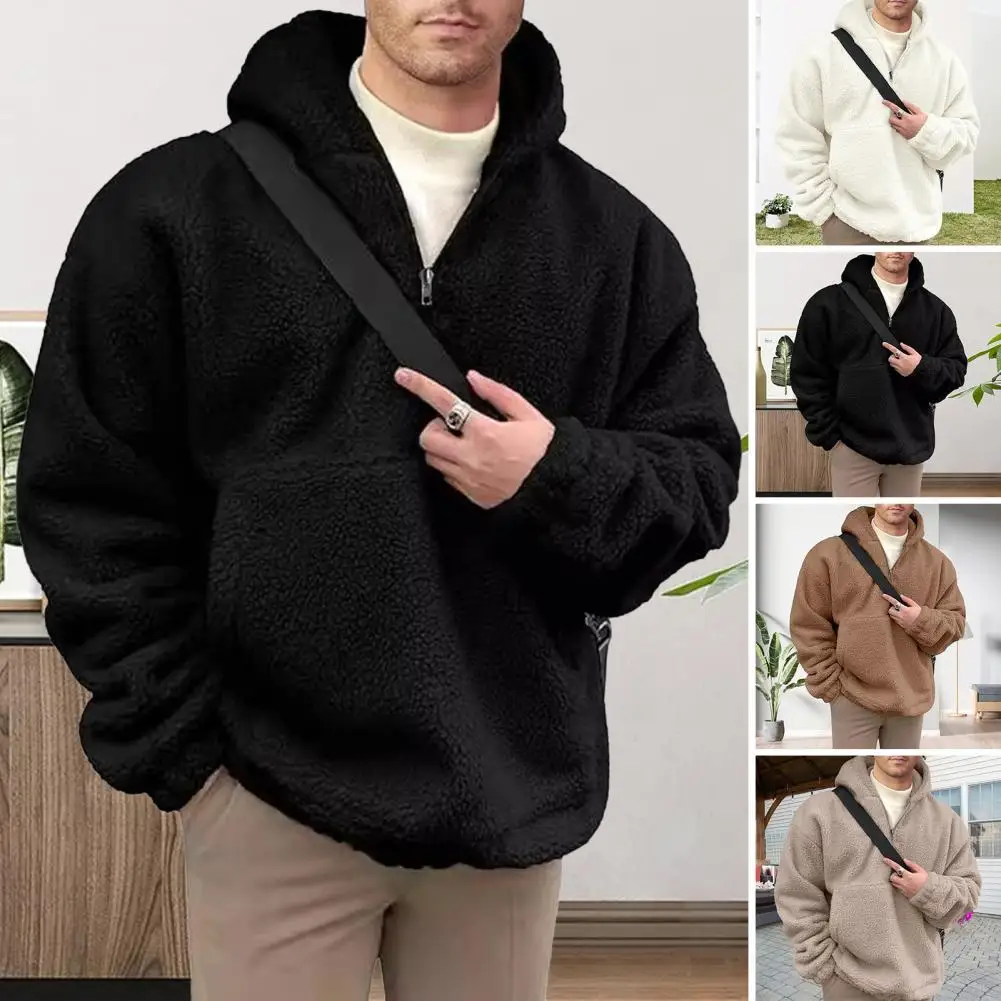 Men Solid Color Hoodie with Pocket Men Pullover Hoodie Men's Double-sided Flannel Half-zipper Hoodie with Front Pocket for Wear