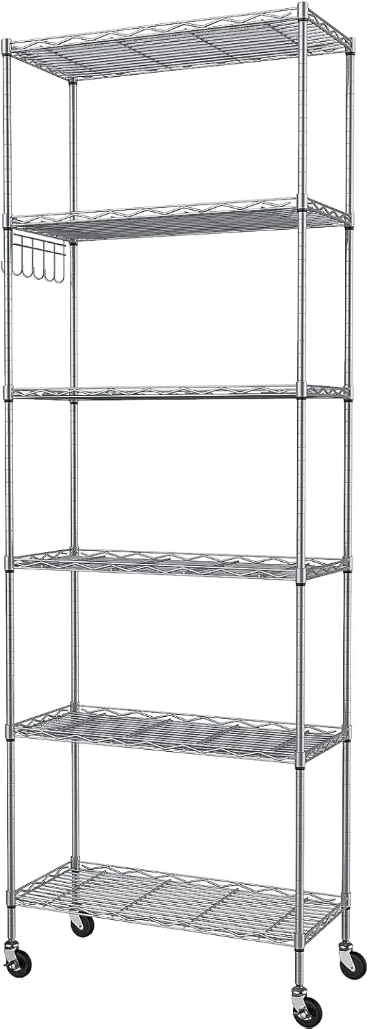 ier Storage Shelf Wire Shelving Unit Free Standing Rack Organization With Caster Wheels, Stainless Side Hooks, Silver Gray