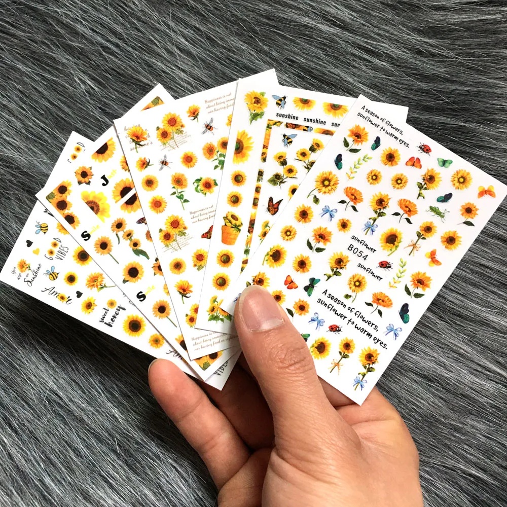 1 pçs 3d girassol adesivos de unhas auto-adesivo sol flor abelha borboleta pétalas manicure decorações da arte do prego decalques slider