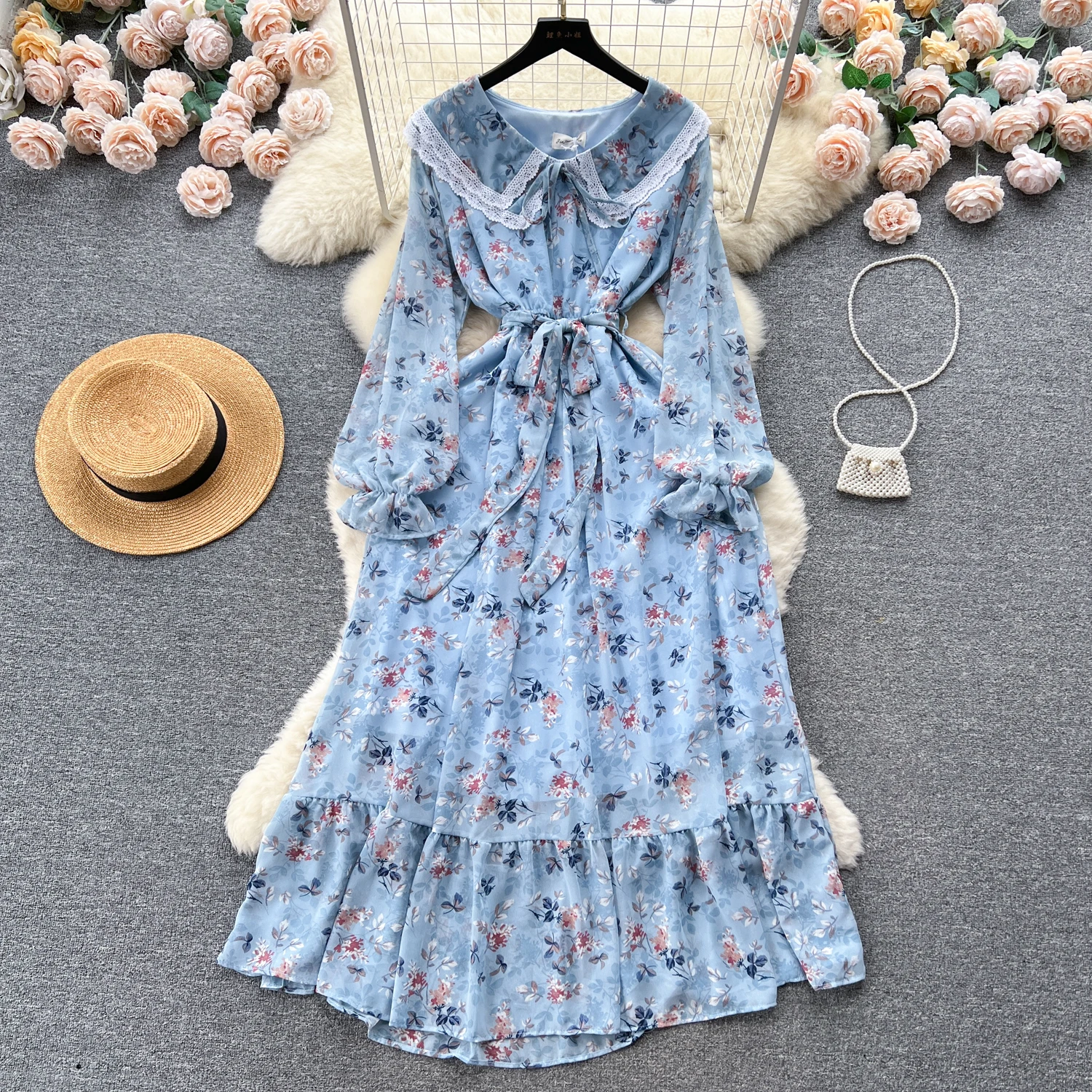 French Vintage Peter pan Collar Puff Sleeve floral sweet Dress Chic Elegant Vestidos Summer Fashion A-line pleated Dresses