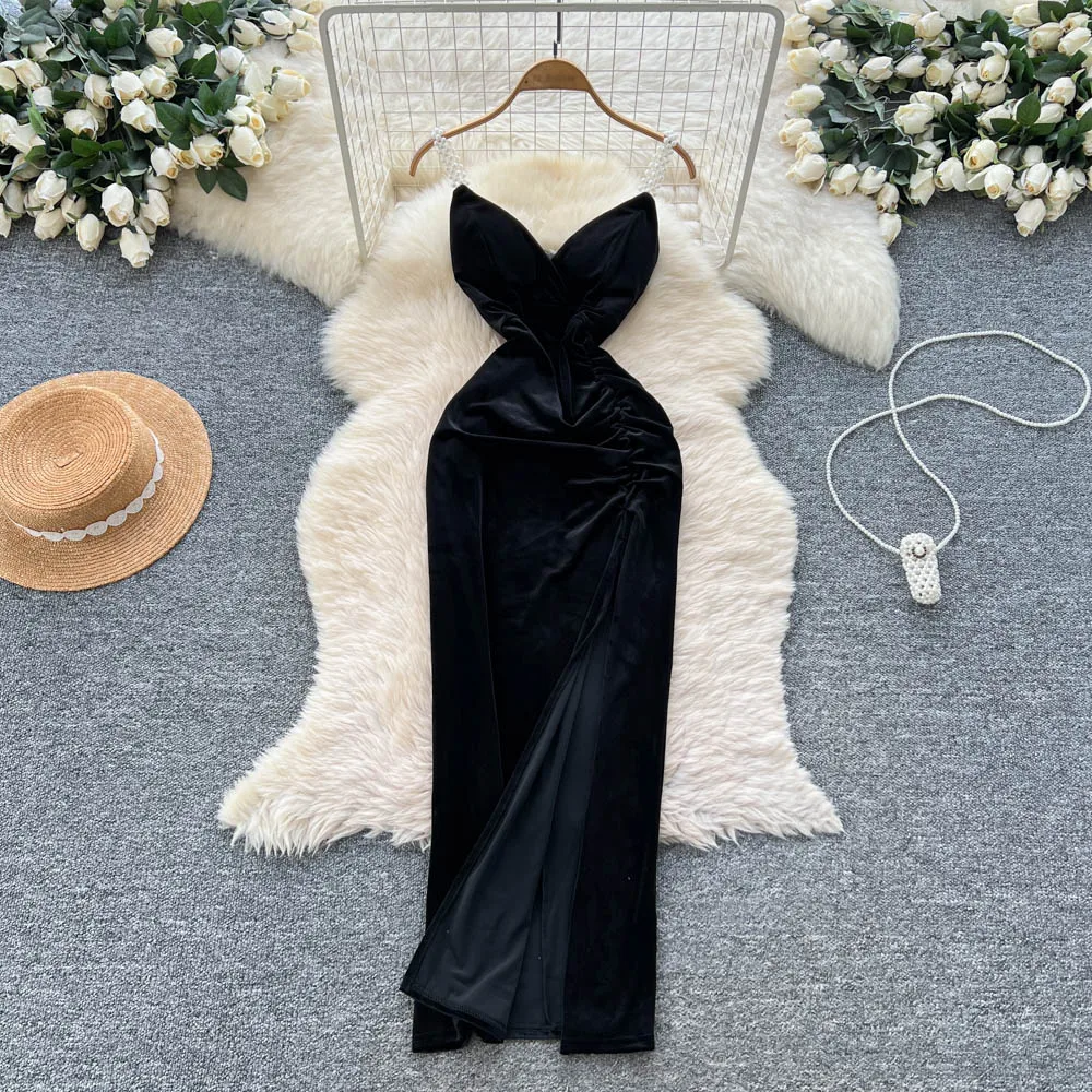 Chic vintage velour sleeveless Beading Elegant Fairy korean fashion Sundress women clothing Long dress