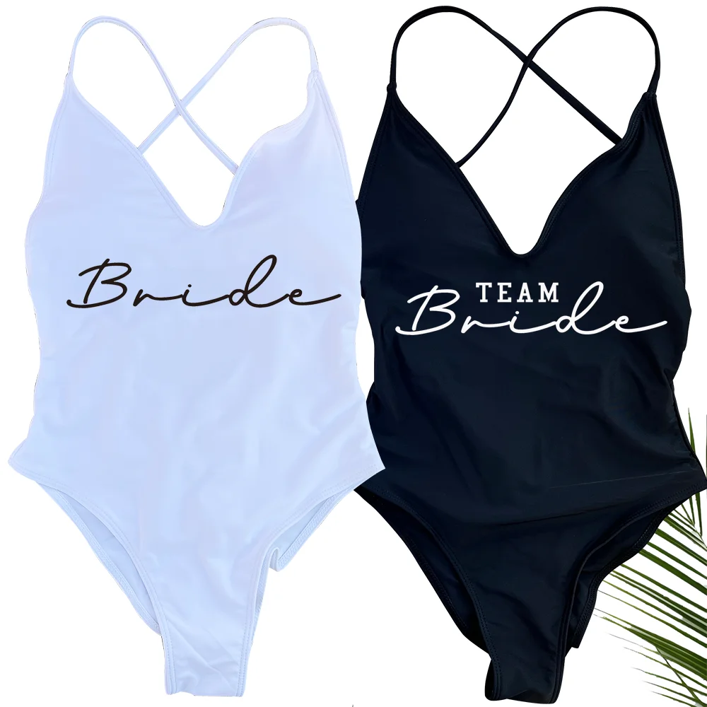 Sexy Padded Team Bride One Piece Swimsuit Bride Swimwear Women Summer Bathing Suit Higt Cut Cross Back Beachwear Bodysuit