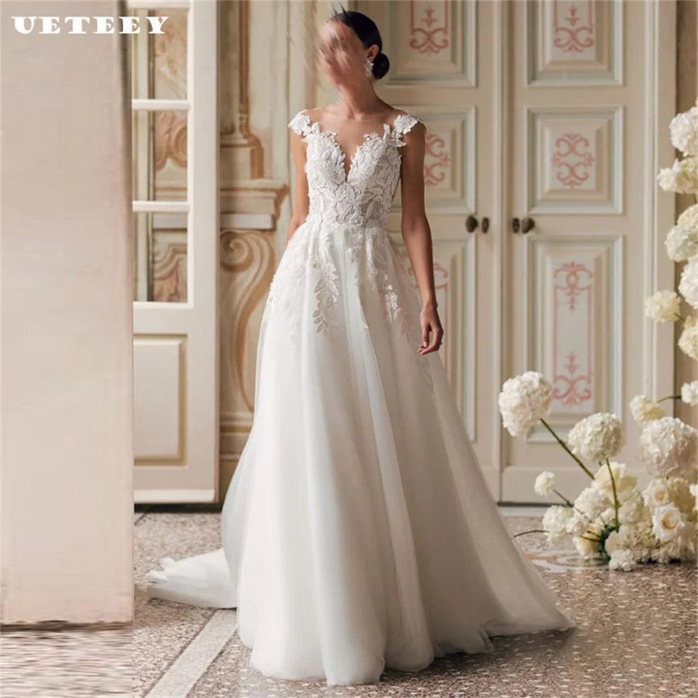 UETEEY Customized Appliques V Neck Cap Sleeve Tulle A Line Wedding Dress Illusion Zipper Back Court Train Bridal Gown