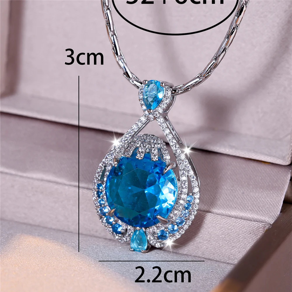 Luxuriöse, blaue, runde Zirkon-Anhänger-Halskette für Damen, silberfarben, zarte Geschenke, Hochzeitsschmuck für Frauen – Detail 6