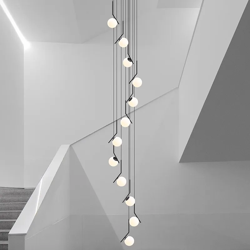 

Light Luxury Duplex Revolving Staircase Chandeliers with White round Design, Living Room Dining Room Lighting Decor, Dimmable