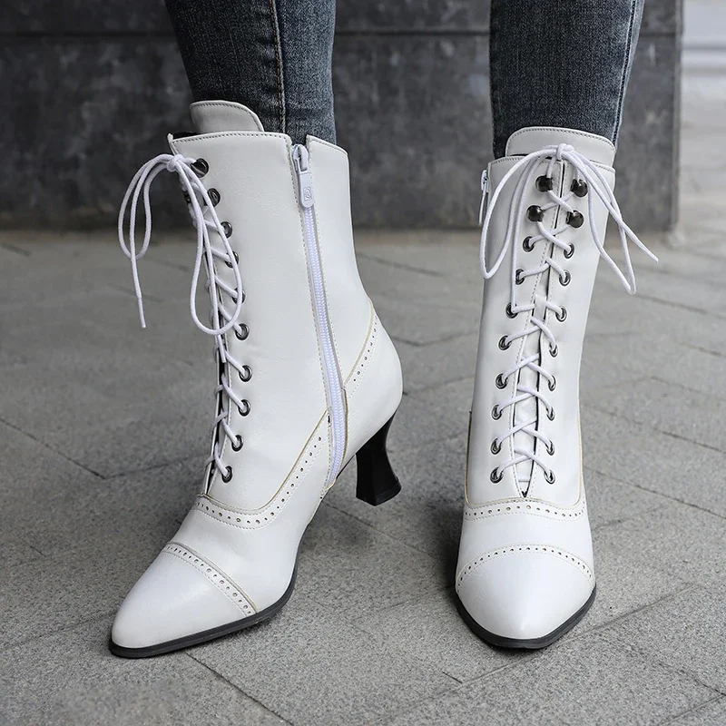 Plus Size Winter Victorian Ankle Boots Women High Kitten Heel Red Blue White Black Retro Fretwork Zipper Pointed Toe Short Boots