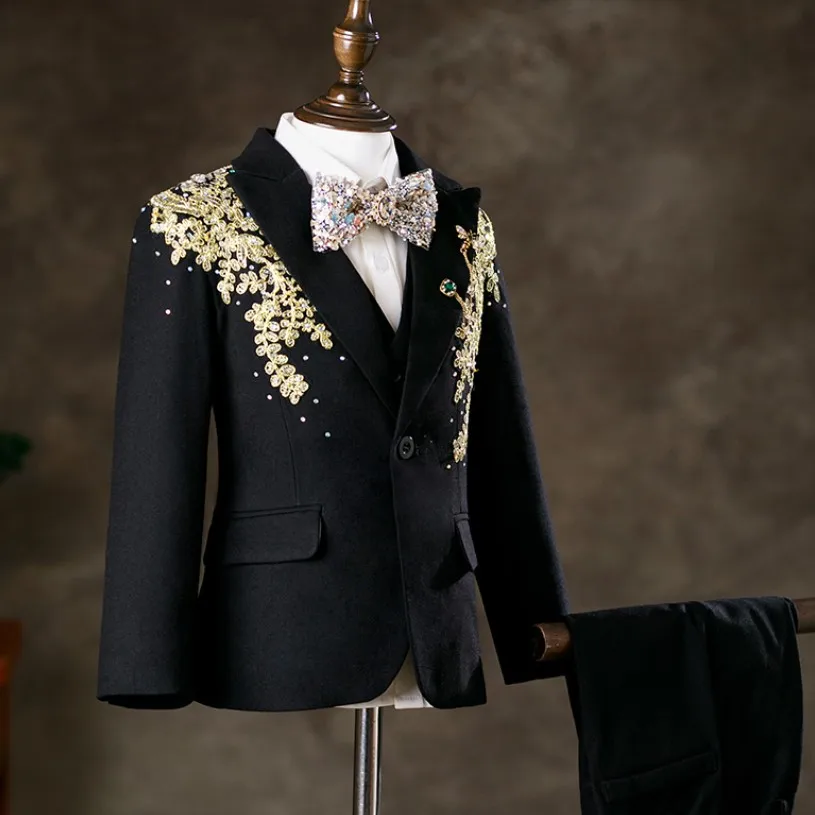 Luxus-Smokinganzug für Jungen, Kinder-Goldspitzen-Stickerei-Blazer, Weste, Hosen-Set, Hochzeitsfeier, Klavier-Auftritts-Kostüm, Anzug A4773 – Detail 7