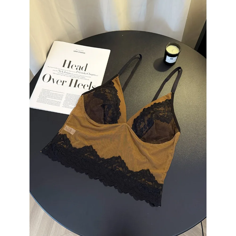BANERDANNI Elegant French Lace Camisole Bra V‑Neck Sexy Back Push Up Minimizer Bra For Large Bust Women Lingerie Vest M‑L top