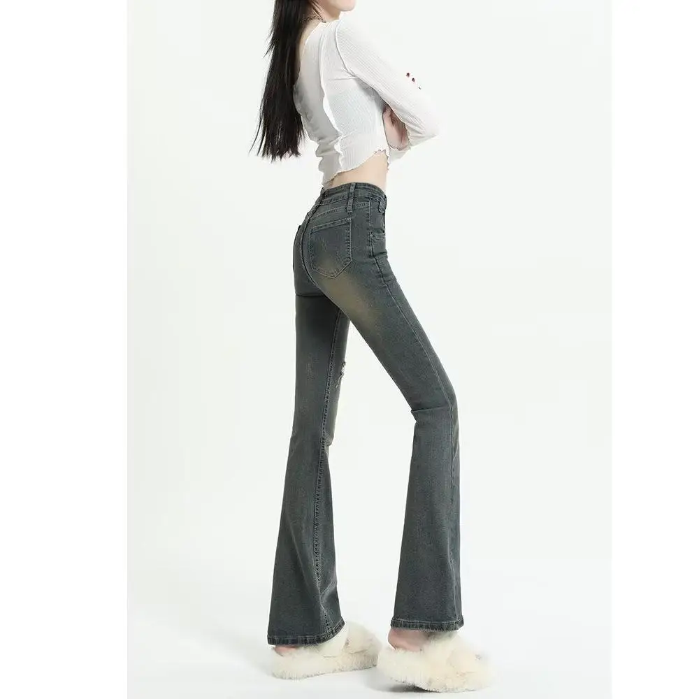 

Retro Blue Hole Micro Flared Denim Jeans Women's High Waist Slim Fit Hoof Long Pants Spring New Sle Casual Cotton Pol...