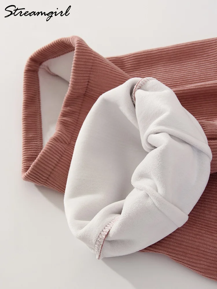 Streamgirl شتاء دافئ سروال قصير الصوف النساء أسود مستقيم السراويل الطويلة واسعة الساق الوردي سميكة المخملية السراويل النساء الشتاء #6