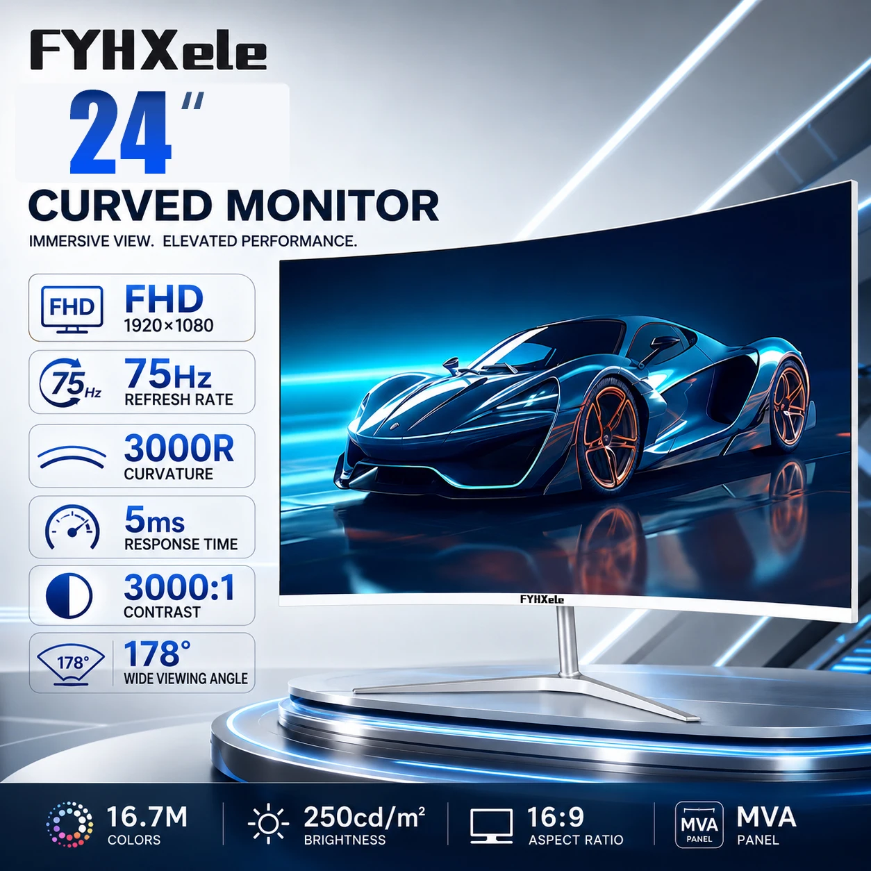 Display Screen 24" Curved Gaming Monitor 75Hz FHD 1080P Innolux MVA Bildschirm 5ms Desktop PC Computer Display Bildschirm 3000R Curvature HDMI VGA Port für Büro