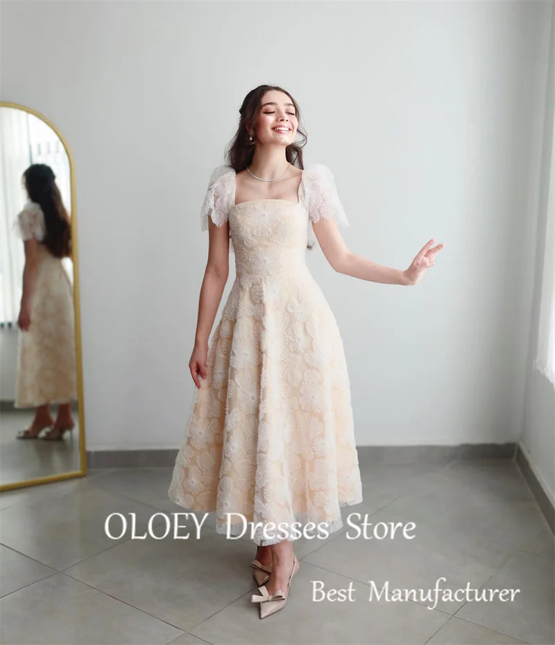 OLOEY 2024 Vintage A Line Evening Dresses Short Sleeves Square Neck Lace Ankle Length Party Prom Dress Wedding Guest Dress