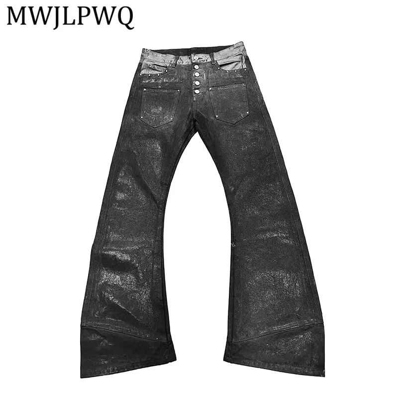 

MWJLPWQ Printed Embossed Waxed Button Double Patchwork Jeans Men's Streetwear Hiphop Trend Skinny Flared Trousers Autumn 14830
